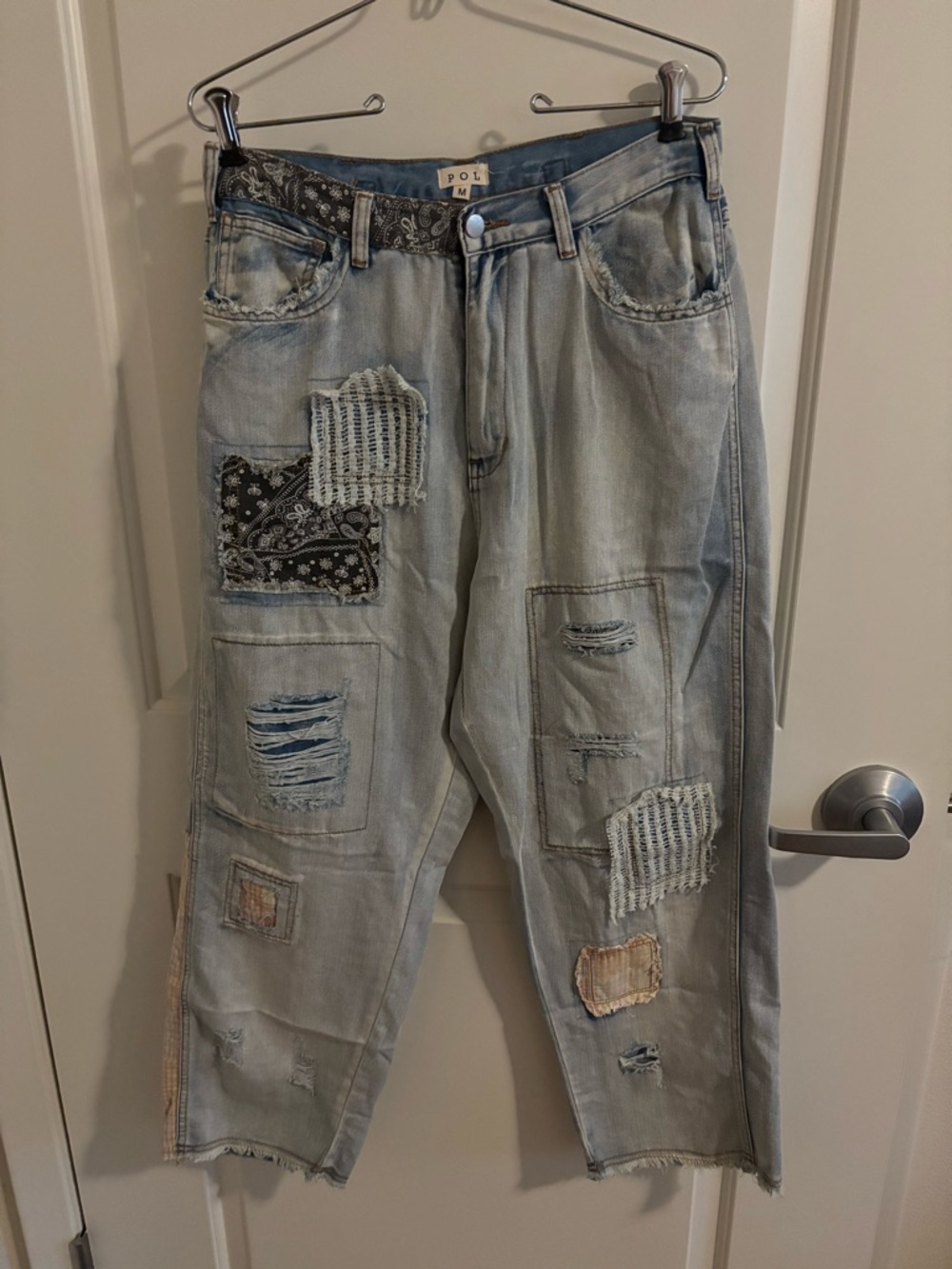 POL Light Wash Distressed Patchwork Jeans, Size Medium